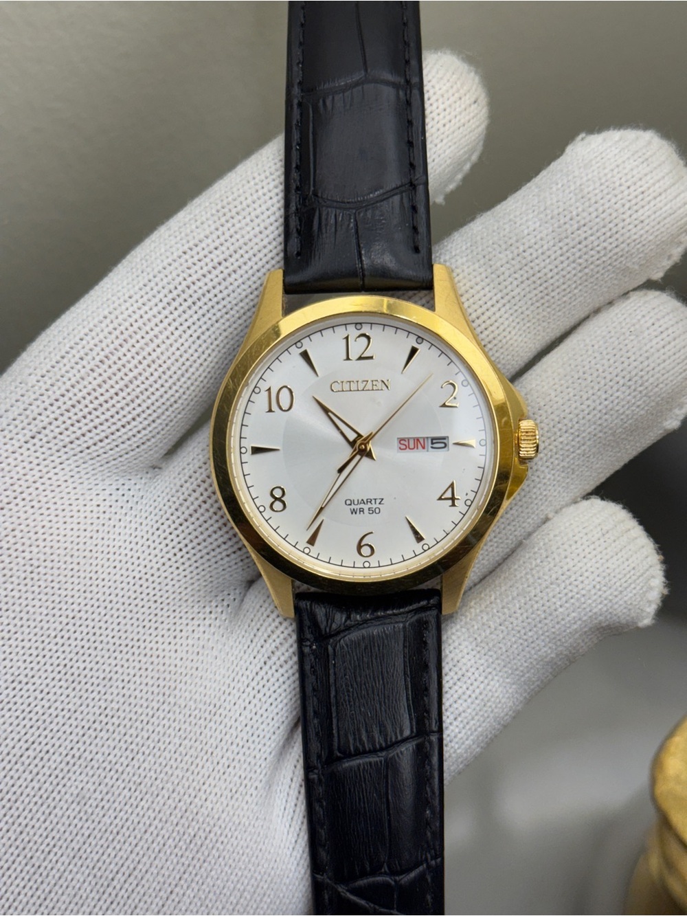 Citizen Classic Gold Case White Dial Watch with Black Leather Strap daydate mens